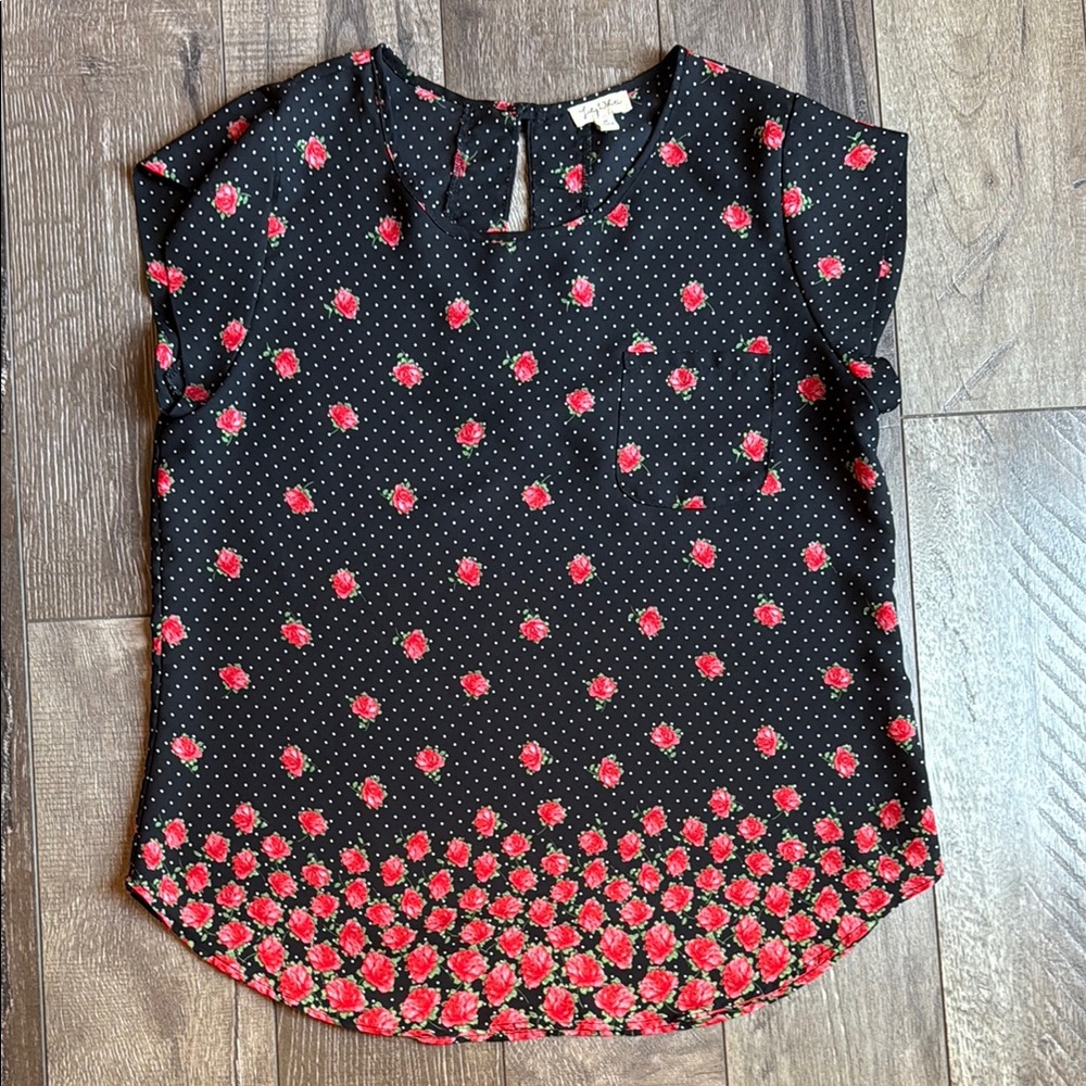 Lily White Roses and Polka Dots Sleeve Blouse with Rounded Neckline